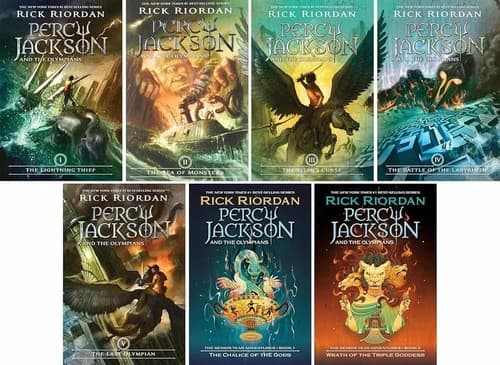 Cover of The Lightning Thief / The Sea of Monsters / The Titan's Curse / The Battle of the Labyrinth / The Last Olympian / The Chalice of the Gods / Wrath of the Triple Goddess